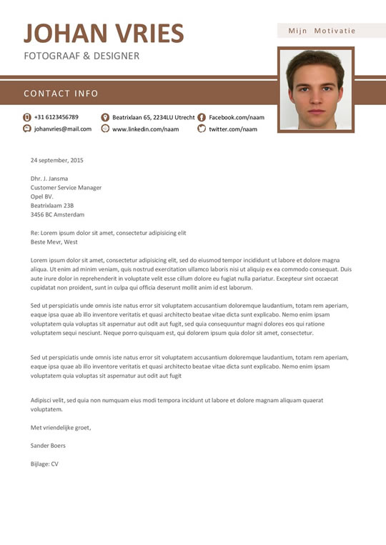 Een cv met een overzichtelijk indeling, in een mooi bruin en wit layout Afbeelding 2